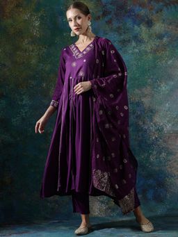 SHAHAD - Purple Floral Straight Anarkali Kurta Pant with Dupatta