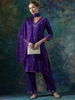 SHAHAD - Purple Floral Printed Straight Kurta Pant with Dupatta