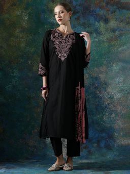 SHAHAD - Black Solid/Plain Straight Kurta Pant with Dupatta
