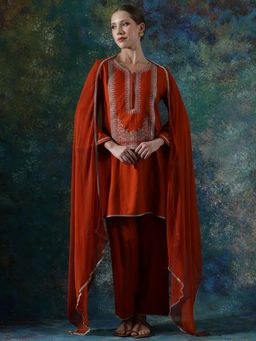 SHAHAD - Rust Floral Straight Kurta Pant with Dupatta