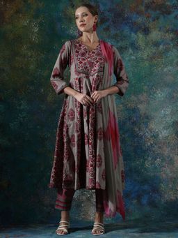 SHAHAD - Pink Floral Printed Straight Anarkali Kurta Pant with Dupatta
