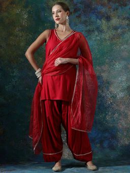 SHAHAD - Red Solid/Plain Tapered Kurti Salwar with Dupatta