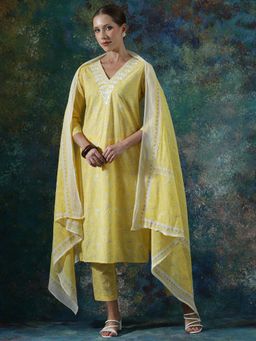 SHAHAD - Yellow Floral Straight Kurta Pant with Dupatta