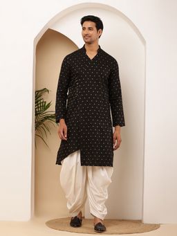 MULTI SHADES - Men Weaving Design Straight Cotton Black Kurta with Dhoti Pant