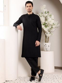 MULTI SHADES - Men Straight Classic Rayon Silk Chikankari Black Kurta with Pyjama