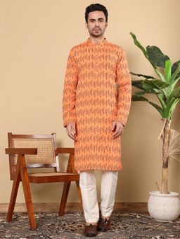 MULTI SHADES - Men Straight Cotton Abstract Printed Orange Kurta with Pyjama