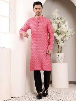 MULTI SHADES - Men Straight Cotton Geometric Printed Pink Kurta with Pyjama