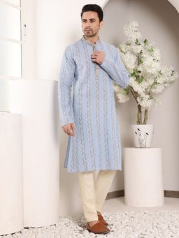 MULTI SHADES - Men Elegant Printed Straight Cotton Blue Kurta with Pyjama
