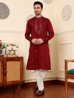 MULTI SHADES - Men Straight Viscose Silk Red Kurta with Pyjama
