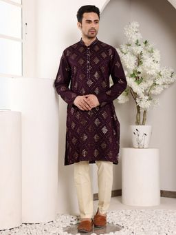 MULTI SHADES - Men Elegant Straight Viscose Purple Kurta with Pyjama