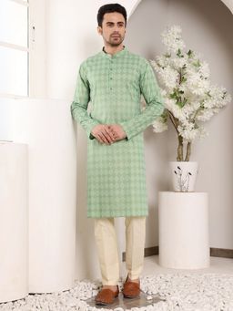 MULTI SHADES - Men Elegant Printed Straight Cotton Green Kurta with Pyjama