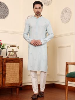 MULTI SHADES - Men Straight Viscose Silk Blue Kurta with Pyjama