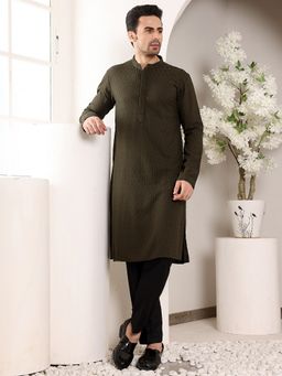 MULTI SHADES - Men Rayon Silk Straight Classic Chikankari Olive Kurta with Pyjama