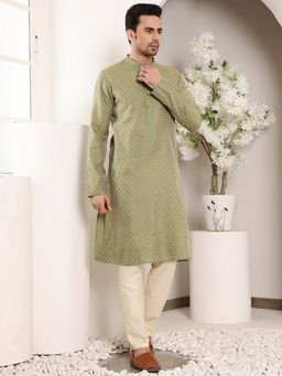 MULTI SHADES - Men Straight Viscose Silk Green Kurta with Pyjama