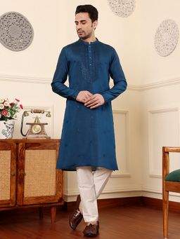 MULTI SHADES - Men Straight Viscose Silk Blue Kurta with Pyjama