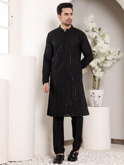 MULTI SHADES - Men Elegant Straight Viscose Silk Black Kurta with Pyjama