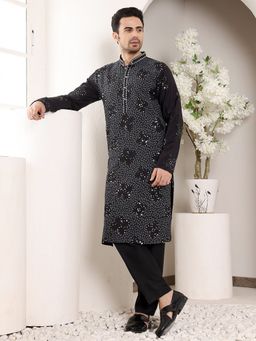 MULTI SHADES - Men Straight Rayon Silk Black Kurta with Pyjama