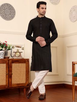 MULTI SHADES - Men Straight Viscose Silk Black Kurta with Pyjama