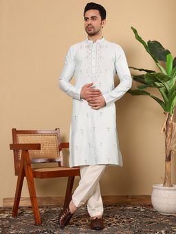 MULTI SHADES - Men Straight Viscose Silk Blue Kurta with Pyjama