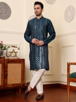 MULTI SHADES - Men Straight Viscose Silk Navy Blue Kurta with Pyjama