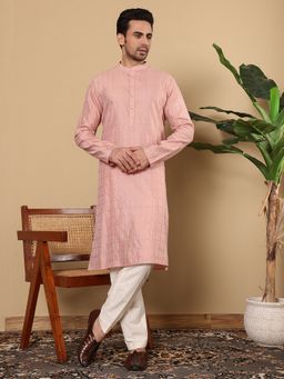 MULTI SHADES - Men Straight Viscose Silk Pink Kurta with Pyjama