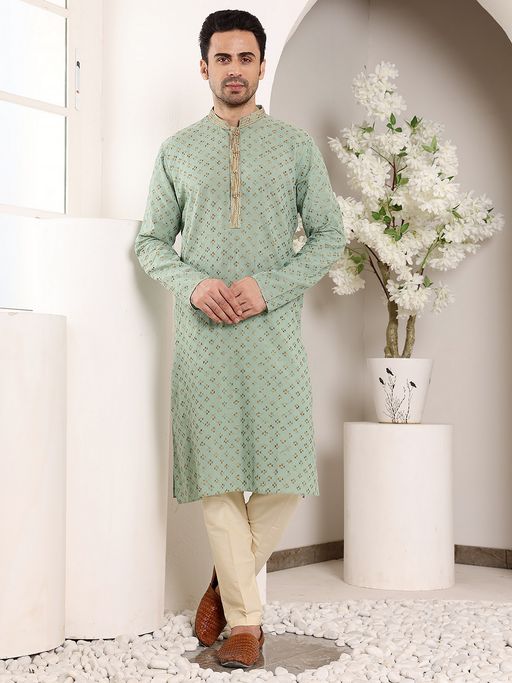 MULTI SHADES Men Elegant Straight Cotton Green Kurta with Pyjama
