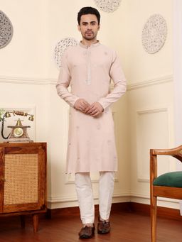 MULTI SHADES - Men Straight Viscose Silk Pink Kurta with Pyjama