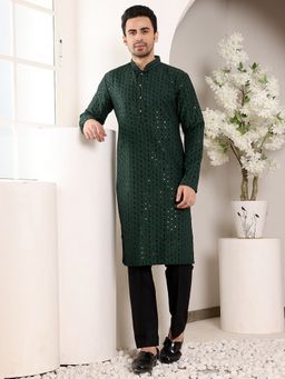 MULTI SHADES - Men Straight Viscose Silk Green Kurta with Pyjama