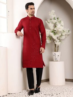 MULTI SHADES - Men Straight Viscose Silk Red Kurta with Pyjama