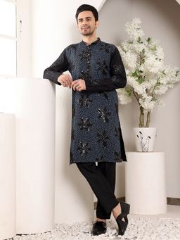 MULTI SHADES - Men Straight Rayon Silk Black Kurta with Pyjama