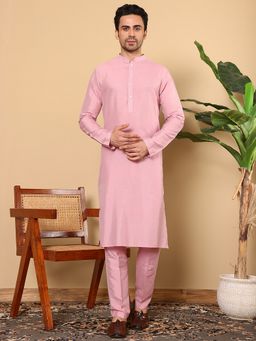 MULTI SHADES - Men Straight Viscose Silk Pink Kurta with Pyjama