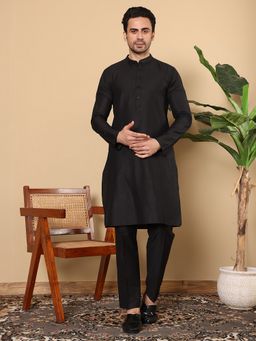 MULTI SHADES - Men Straight Viscose Silk Black Kurta with Pyjama
