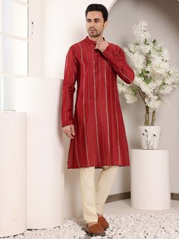 MULTI SHADES - Men Straight Viscose Silk Red Kurta with Pyjama