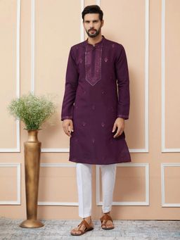MULTI SHADES - Men Straight Viscose Silk Purple Kurta with Pyjama