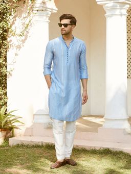 MULTI SHADES - Men Straight Viscose Silk Turquoise Kurta with Pyjama