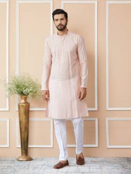 MULTI SHADES - Men Straight Viscose Silk Pink Kurta with Pyjama