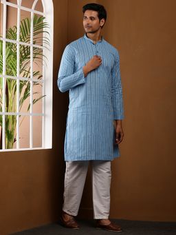 MULTI SHADES - Men Ikat Printed Cotton Blue Kurta with Pyjama