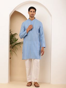 MULTI SHADES - Men Straight Viscose Silk Blue Kurta with Pyjama