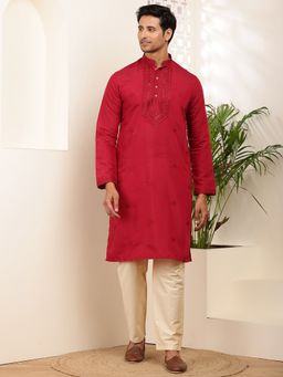 MULTI SHADES - Men Embroidered Silk Blend Red Kurta with Pyjama
