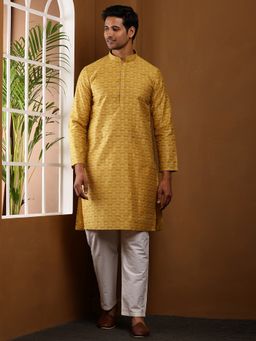 MULTI SHADES - Men Printed Mustard Kurta with Pyjama