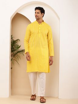 MULTI SHADES - Men Ikat Printed Cotton Yellow Kurta with Pyjama