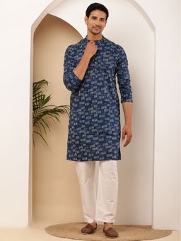 MULTI SHADES - Men Ikat Printed Cotton Navy Blue Kurta with Pyjama