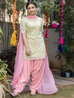 Lavanya The Label - Green Pink Hand Embroidered Patiyala Suit (Set of 3)