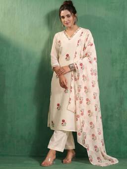 AVANSHEE - Off White Chanderi Cotton Kurta with Pant and Dupatta