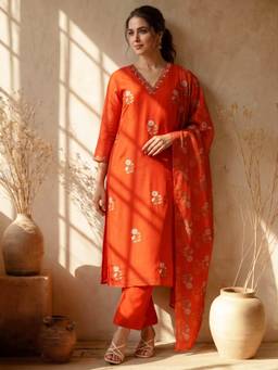 AVANSHEE - Orange Chanderi Cotton Kurta with Pant and Dupatta