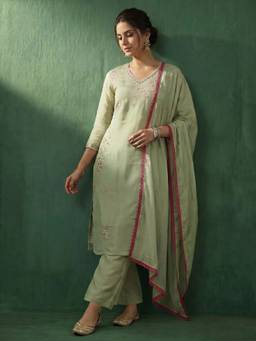 AVANSHEE - Light Green Mul Chanderi Kurta with Pant and Dupatta