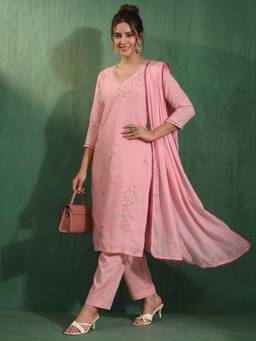 AVANSHEE - Pink Mul Chanderi Kurta with Pant and Dupatta