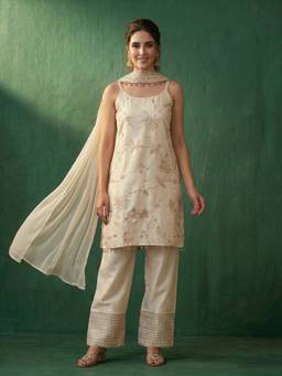 AVANSHEE - Off White Silk Blend Kurta with Palazzos and Chiffon Dupatta Set for Women