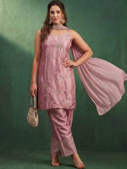 AVANSHEE - Pink Silk Blend Kurta with Palazzos and Chiffon Dupatta Set for Women