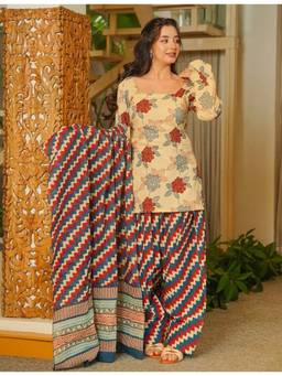 Kedar Fab - Women's Cotton Blend Floral Printed Beige Kurta with Salwar and Dupatta